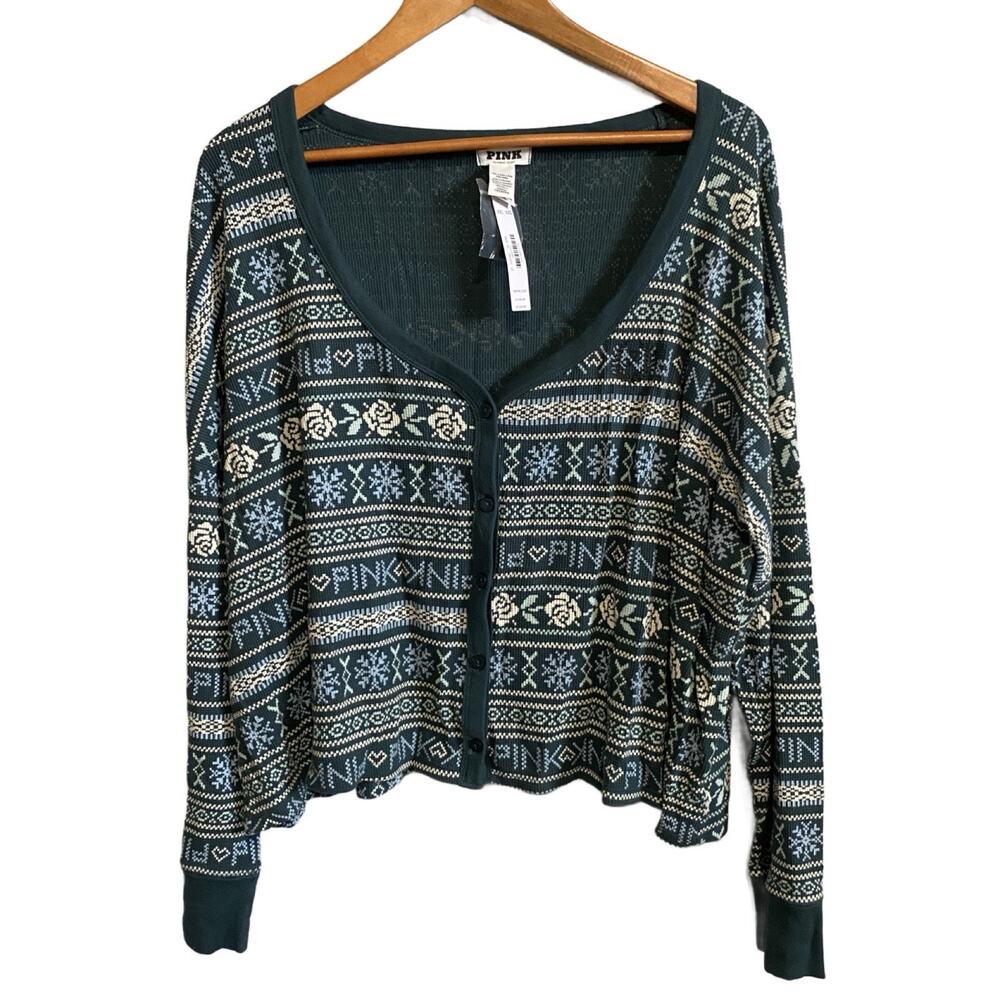 Victoria's Secret PINK Green Fair Isle Thermal Boxy Cardigan Plus Size XXL NWT - Picture 2 of 5